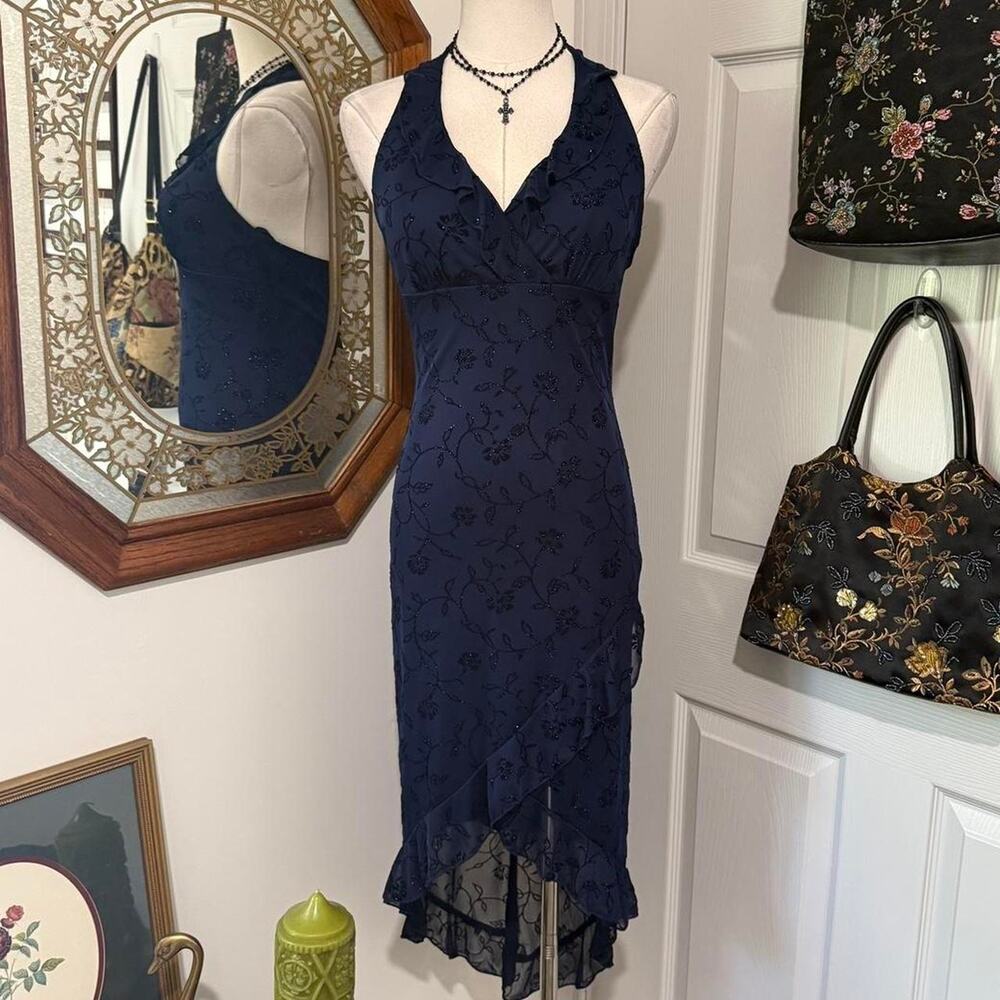 VTG Y2K Rampage Dark Blue & Black Floral Silver Glitter High Low Halter Dress S